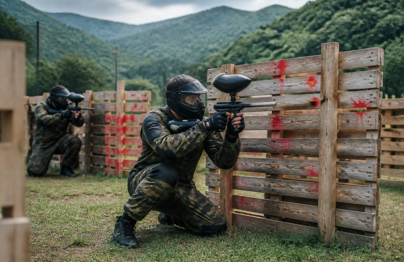 Jucători de paintball în acțiune în spatele obstacolelor din paleți