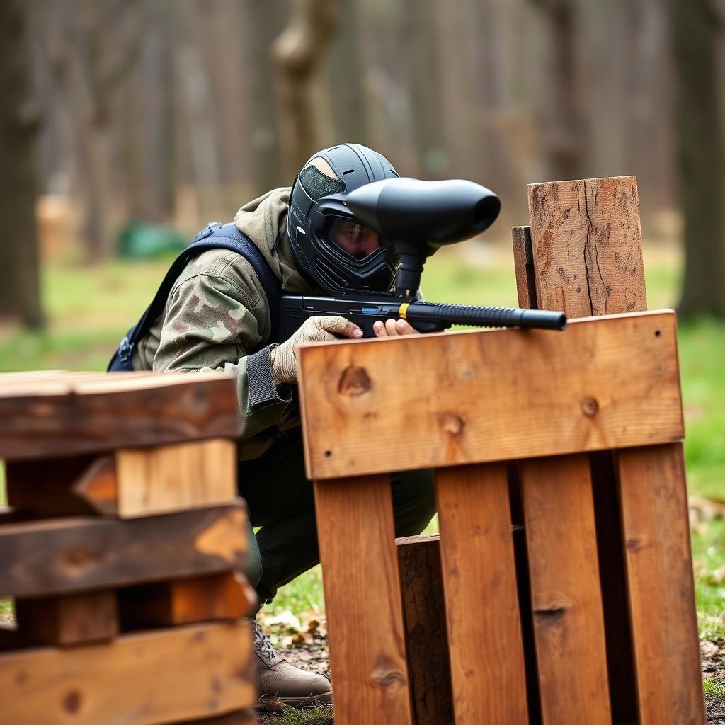 Jucător concentrat, țintind atent după baricadă din paleți